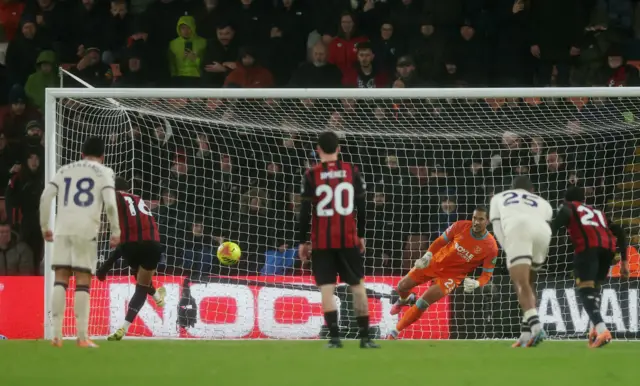 AFC Bournemouth's Marcus Tavernier scores their first goal from the penalty spot past West Ham United's Alphonse Areola