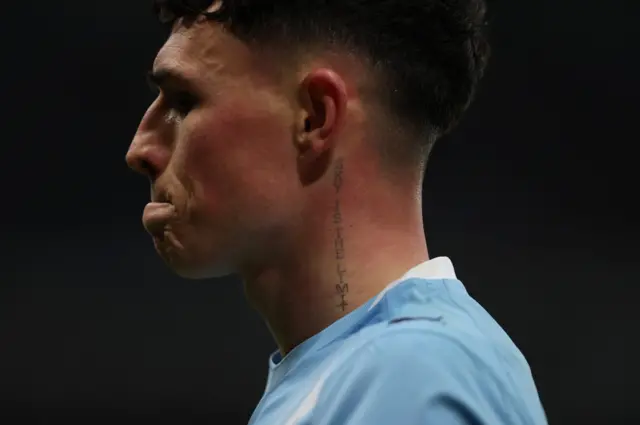 General view of a tattoo on the neck of Manchester City's Phil Foden