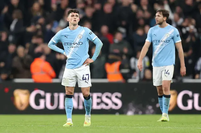 Phil Foden of Manchester City reacts to conceding a goal during the Premier League match between Newcastle United and Manchester City at St James' Park on November 22, 2025 in Newcastle upon Tyne, England.