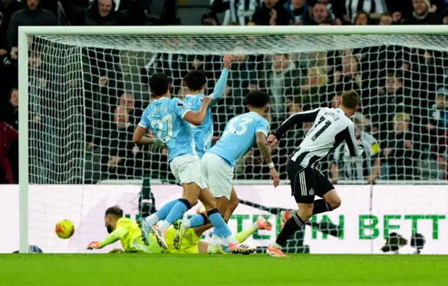 Description Newcastle United's Harvey Barnes scores their side's first goal of the game during the Premier League match at St James' Park, Newcastle.