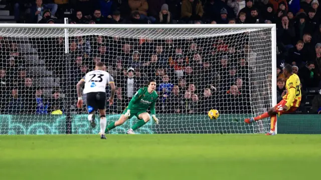 Edo Kayembe scores a penalty for Watford at Derby