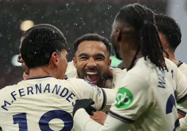 West Ham United's Callum Wilson celebrates scoring their second goal with teammates.