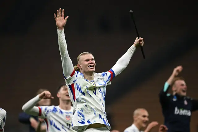 Erling Haaland celebrates for Norway during international break