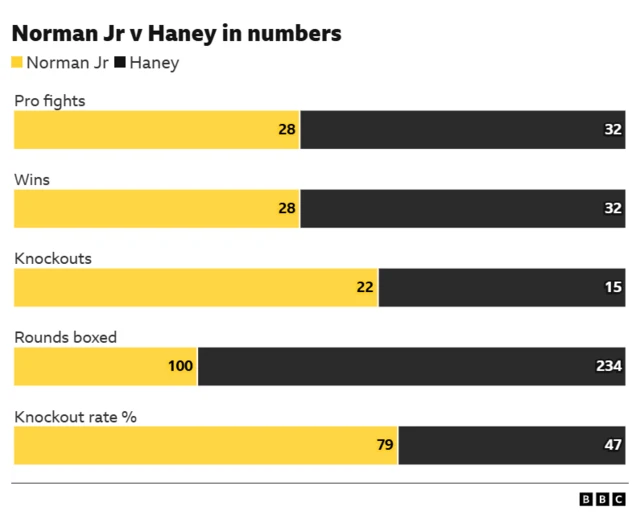 A graph comparing Norman Jr with Haney that says: "Norman Jr rounds boxed - 100, Haney rounds boxed - 234, knockout rate Norman Jr - 79% Haney - 47%"