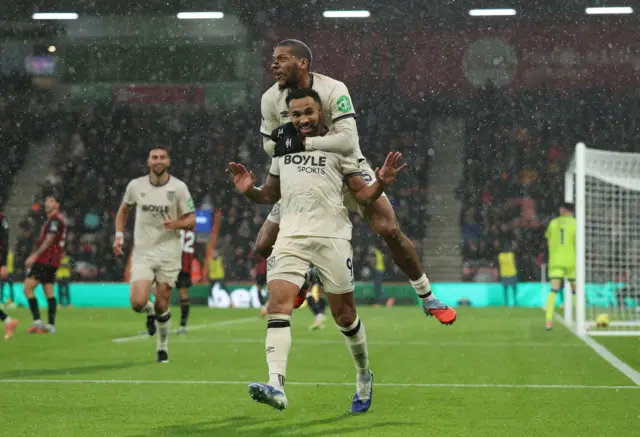 2025 West Ham United's Callum Wilson celebrates scoring their second goal with Jean-Clair Todibo