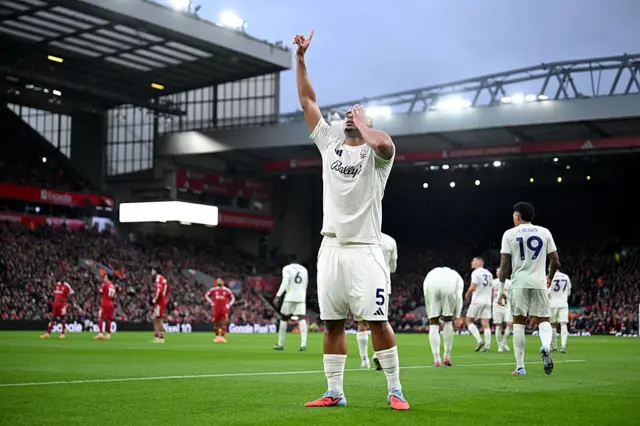 Murillo of Nottingham Forest celebrates scoring his team's first goal during the Premier League match between Liverpool and Nottingham Forest at Anfield on November 22, 2025 in Liverpool, England.