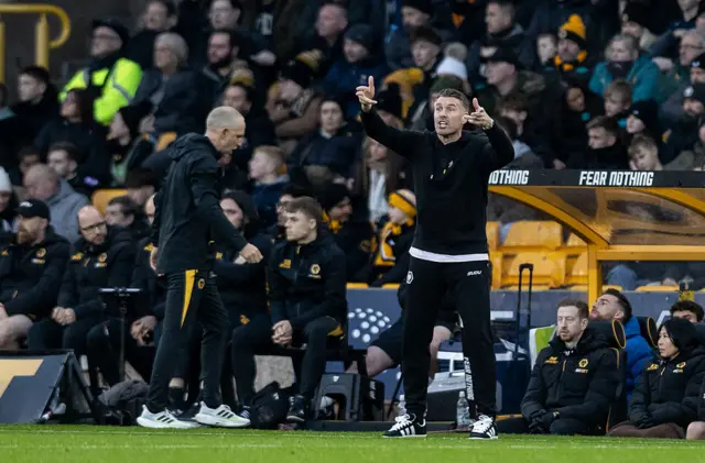 Wolverhampton Wanderers' manager Rob Edwards gestures during the Premier League match between Wolverhampton Wanderers and Crystal Palace at Molineux on November 22, 2025 in Wolverhampton, England.