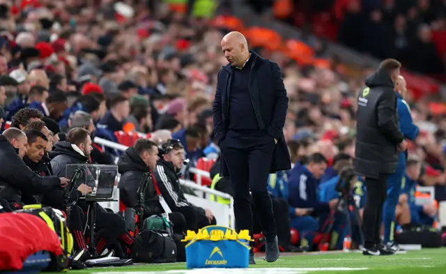 Arne Slot reacts at Anfield