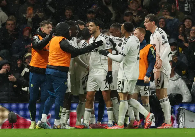 Fulham's Raul Jimenez celebrates scoring their first goal with teammates