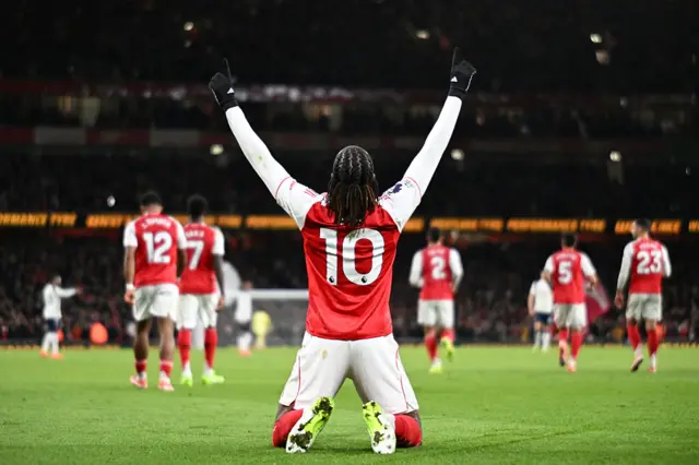 Eberechi Eze of Arsenal celebrates scoring his team's second goal during the Premier League match between Arsenal and Tottenham Hotspur at Emirates Stadium on November 23, 2025 in London, England.