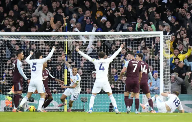 Leeds United's Lukas Nmecha celebrates scoring their side's first goal of the game during the Premier League match at Elland Road, Leeds.