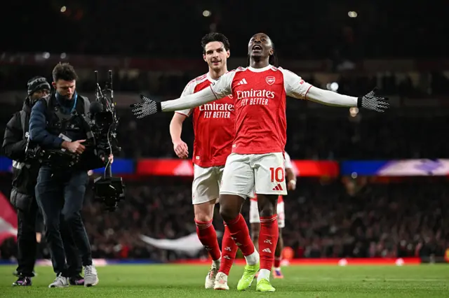 Eberechi Eze and Declan rice celebrate win over Tottenham at Emirates