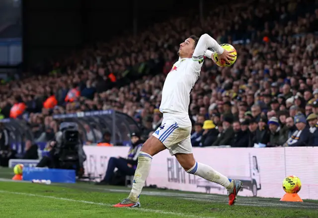Ethan Ampadu of Leeds United takes a throw in during the Premier League match between Leeds United and Aston Villa at Elland Road on November 23, 2025 in Leeds, England.