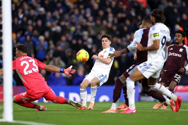 Daniel James of Leeds United scores his team's second goal which was then disallowed following a VAR decision of hand ball from Dominic Calvert-Lewin of Leeds United during the Premier League match between Leeds United and Aston Villa at Elland Road on November 23, 2025 in Leeds, England.