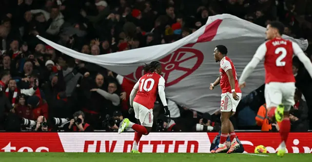 Arsenal's English midfielder #10 Eberechi Eze (C) celebrates scoring his team's second goal during the English Premier League football match between Arsenal and Tottenham Hotspur at the Emirates Stadium in London on November 23, 2025.