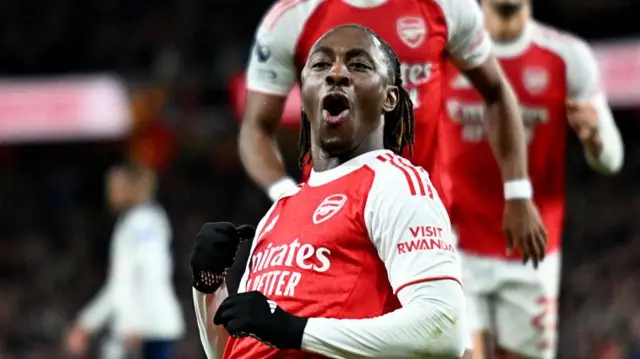 Eberechi Eze of Arsenal celebrates scoring his team's second goal during the Premier League match between Arsenal and Tottenham Hotspur at Emirates Stadium on November 23, 2025 in London, England.