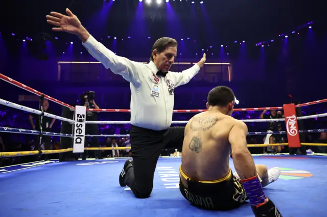 referee stops the fight with Fernando Martinez on the canvas