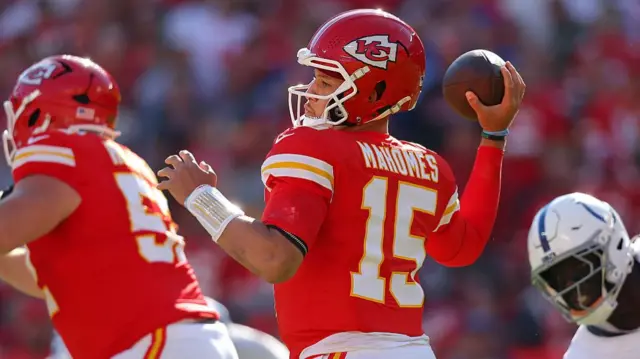 Patrick Mahomes throws the ball against the Indianapolis Colts
