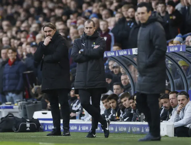 Leeds United manager Daniel Farke, fourth official Peter Bankes and Aston Villa manager Unai Emery