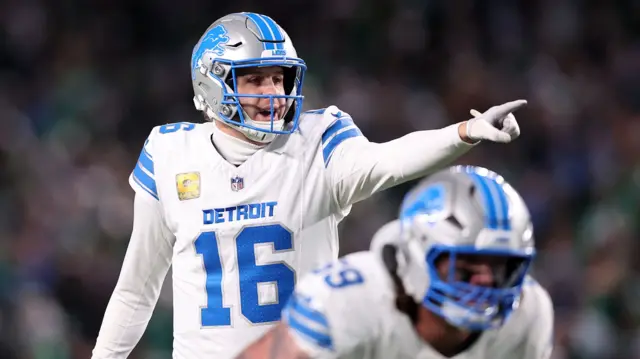 Detroit Lions quarterback Jared Goff points while playing against the Philadelphia Eagles