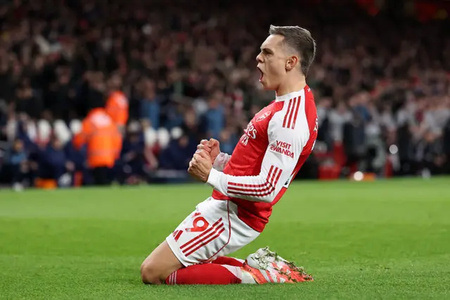 Leandro Trossard of Arsenal celebrates scoring his team's first goal during the Premier League match between Arsenal and Tottenham Hotspur at Emirates Stadium on November 23, 2025 in London, England.
