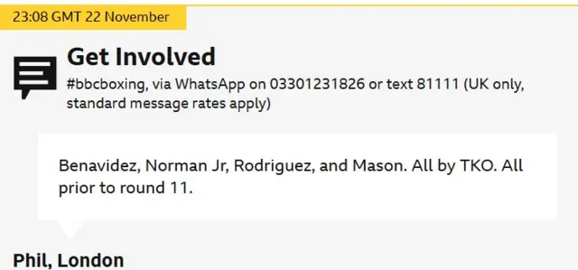 A screenshot of a BBC Sport live text says 'Benavidez, Norman Jr, Rodriguez, and Mason. All by TKO. All prior to round 11.'
