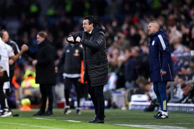 Unai Emery, Manager of Aston Villa, reacts during the Premier League match between Leeds United and Aston Villa at Elland Road on November 23, 2025 in Leeds, England.