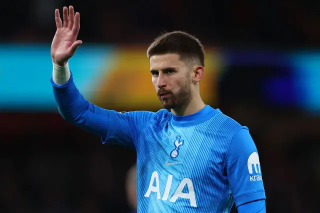 Guglielmo Vicario of Tottenham Hotspur reacts after the Premier League match between Arsenal and Tottenham Hotspur at Emirates Stadium on November 23, 2025 in London, England.