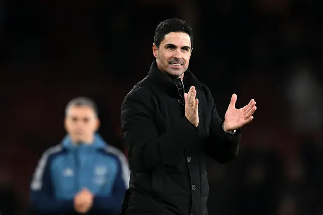 Mikel Arteta, Manager of Arsenal, applauds the fans after the Premier League match between Arsenal and Tottenham Hotspur at Emirates Stadium on November 23, 2025 in London, England.