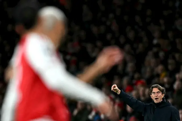 Tottenham Hotspur's Danish head coach Thomas Frank shouts instructions to the players from the touchline during the English Premier League football match between Arsenal and Tottenham Hotspur at the Emirates Stadium in London on November 23, 2025.