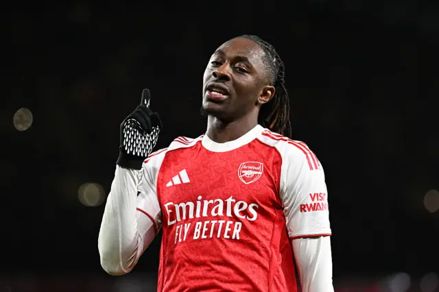 Eberechi Eze of Arsenal celebrates scoring his team's fourth goal during the Premier League match between Arsenal and Tottenham Hotspur at Emirates Stadium on November 23, 2025 in London, England.