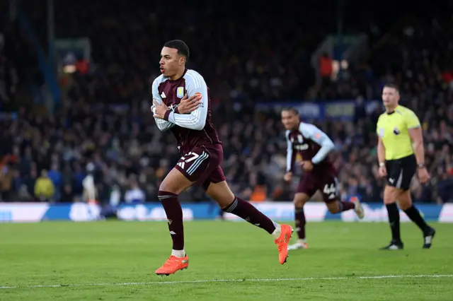 Morgan Rogers of Aston Villa celebrates scoring his team's second goal during the Premier League match between Leeds United and Aston Villa at Elland Road on November 23, 2025 in Leeds, England.