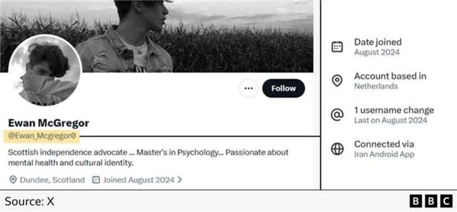 A BBC graphic showing (left) the account header for "Ewan McGregor" and (right) the account data which says "account based in the Netherlands and connected via Iran Android App"