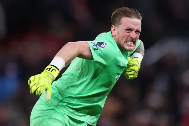 Jordan Pickford of Everton celebrates the win