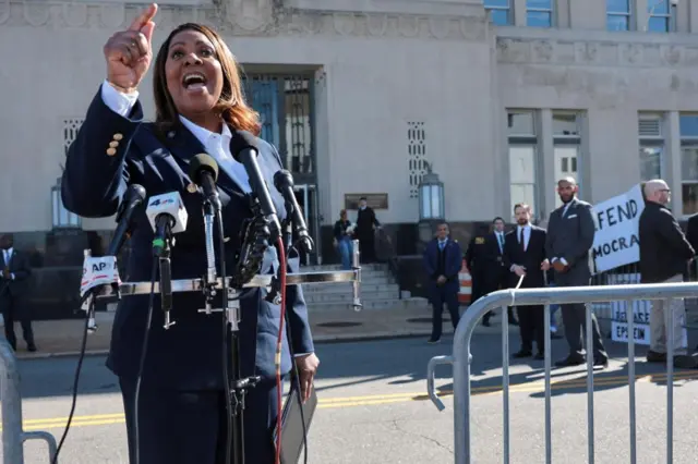 New York Attorney General Letitia James speaks to the media outside the U.S. District Court for the Eastern District of Virginia, in Norfolk, Virginia