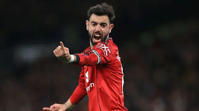 : Bruno Fernandes of Manchester United gestures in anger