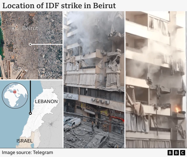 A BBC graphic showing (clockwise from top-left) a satellite map of where the scene is in Beirut, two screengrabs from videos showing the aftermath of the strike on the apartment block, and the location of Beirut in Lebanon