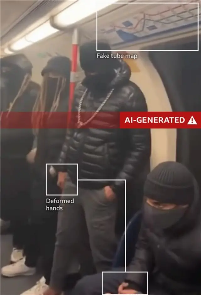A screenshot of the video with the deformed hands and fake tube map highlighted