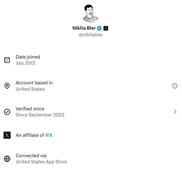 A screengrab of the data associated with the account of X's head of product Nikita Bier showing information about it including his location in the US