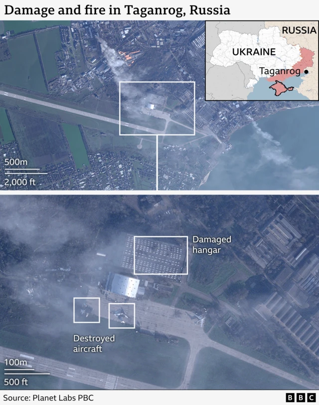 Annotated satellite imagery showing a wider view of the airfield (top) and then closer in detail of the damage to the aircraft and hangar
