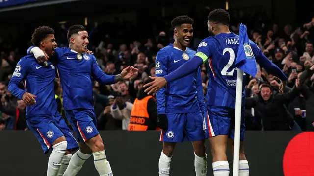 Estevao of Chelsea celebrates with his team-mates