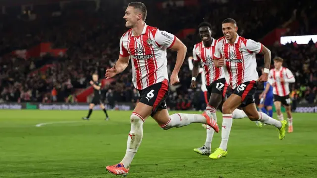 Southampton defender Taylor Harwood-Bellis runs off to celebrate