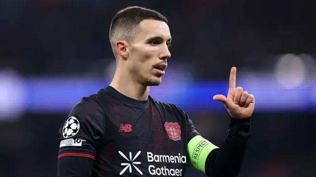 Alex Grimaldo of Bayer Leverkusen celebrates scoring