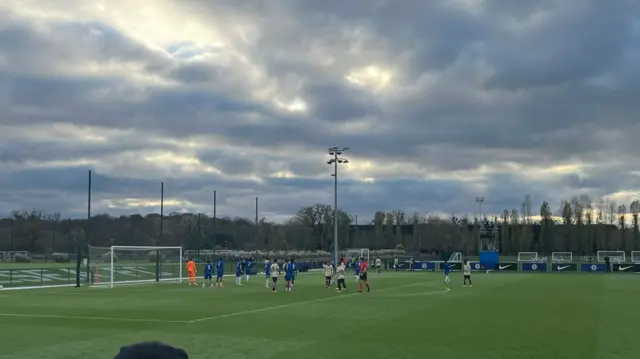 A wide angle shot of Barcelona's academy visiting Chelsea's in the Uefa Youth League earlier in the day