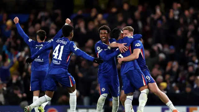 Liam Delap of Chelsea celebrates scoring