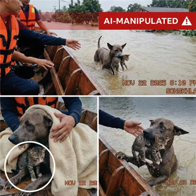 Three images show the dog apparently with a cat in its mouth being pulled on to a boat. We have marked the inconsistency with the cat's hind legs and the dog's front paws