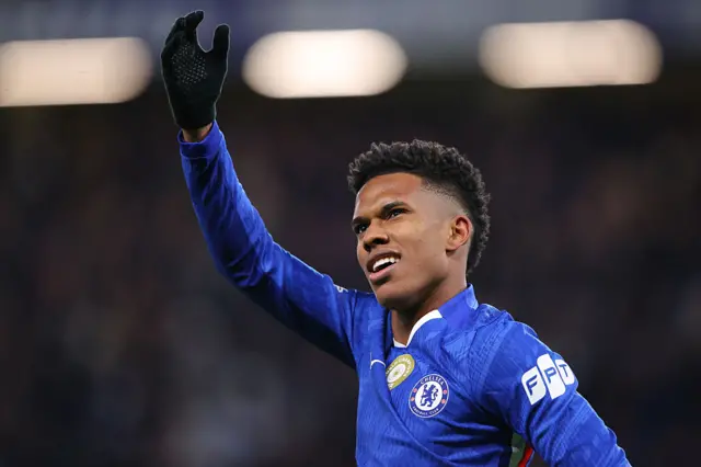 Estevao Willian of Chelsea celebrates after scoring their side's second goal during the UEFA Champions League 2025/26 League Phase MD5 match between Chelsea FC and FC Barcelona at Stamford Bridge on November 25, 2025 in London, England.