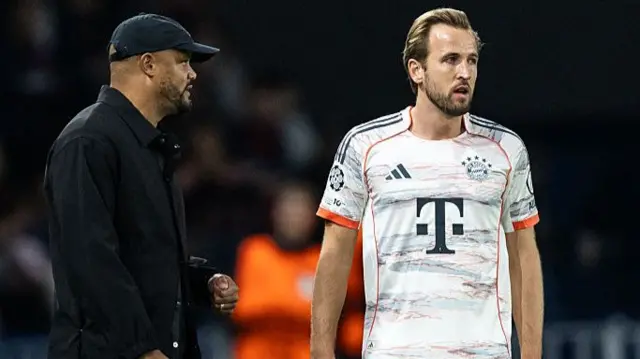 Vincent Kompany, coach of Bayern Munich, and Harry Kane of Bayern Munich