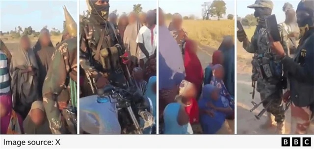 A composite of four screenshots from the video of the armed men with the school girls