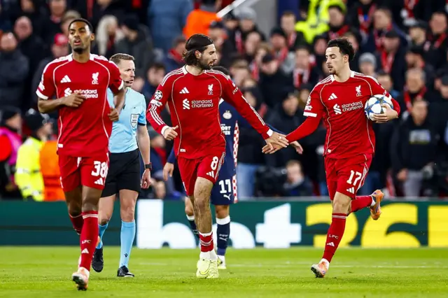 Dominik Szoboszlai and Curtis Jones of Liverpool FC celebrate